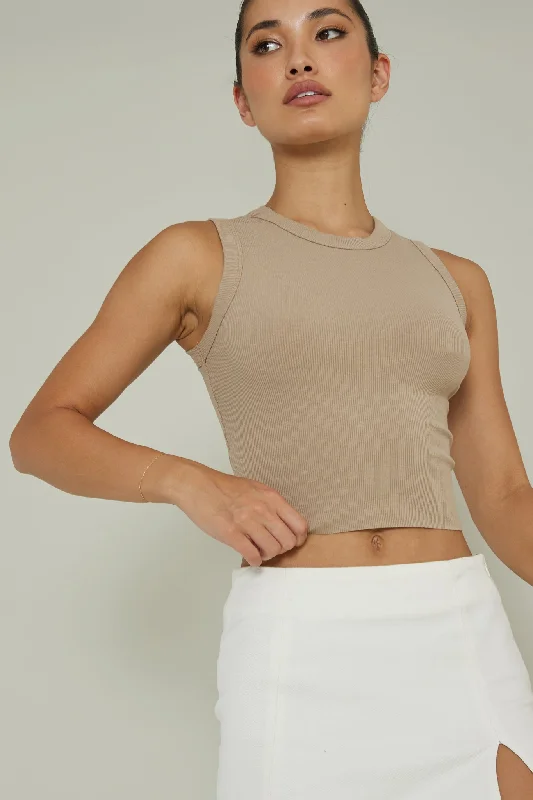 Mayra Crew Neck Crop Top Tan Chenille Brocade Lace