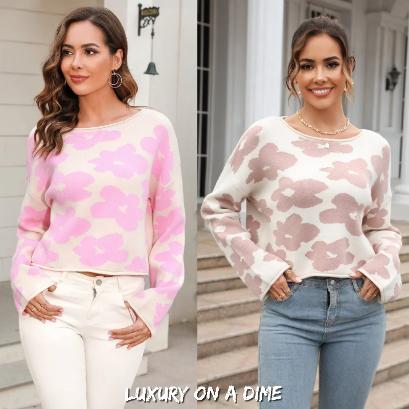 Retro Daisy Knit Flower Long Sleeve Slight Crop Pullover Sweater Shirt Spaghetti Sleeve Top