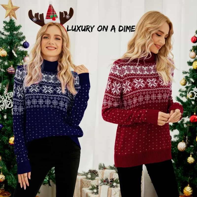 Snowflake Turtleneck Knit Fair Isle Geometric Classic Pullover Winter Sweater Oblong Neck Pullover