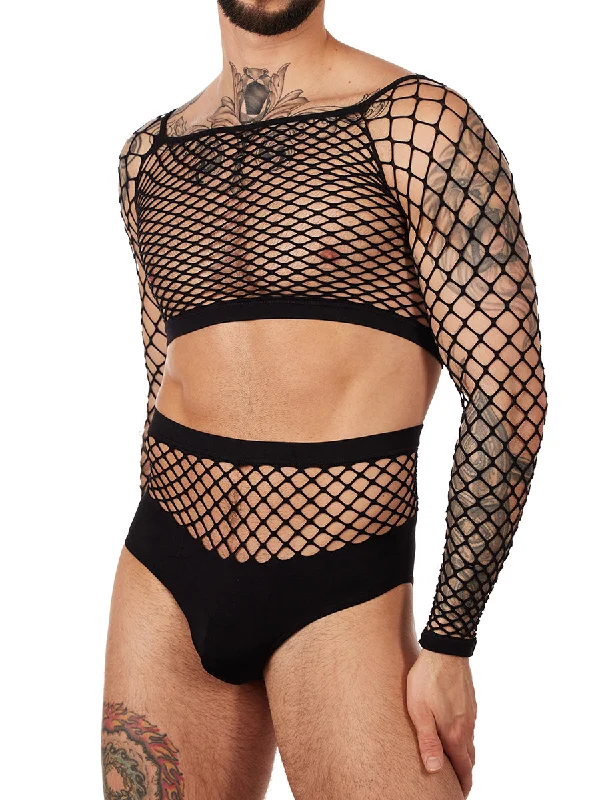 Long Sleeve Fishnet Crop Top & High Waist Panty Set Graphic Embroidered Appliqued