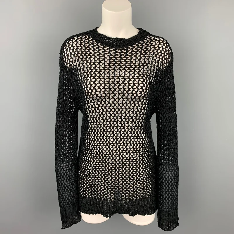 DRIES VAN NOTEN Size L Black Mesh Cotton Crew-neck Pullover Sabrina Neck Pullover