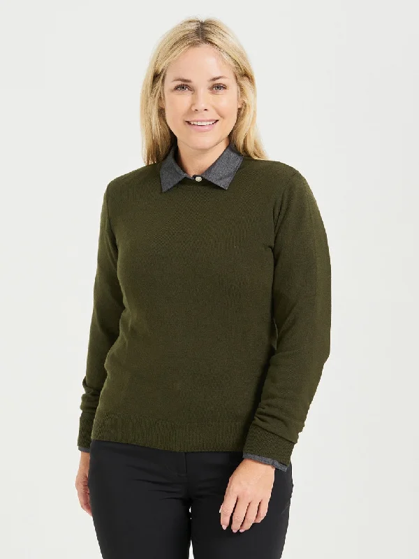 Ladies' Porter Crewneck Sweater - Olive Silk Blend Satin Velvet
