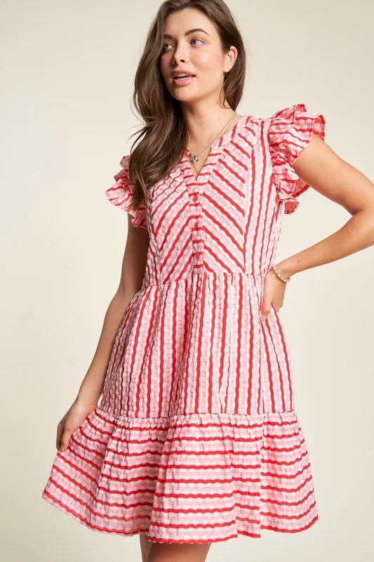 Davi & Dani Solid Geo Striped Button Front Dress in Pink Red FINAL SALE