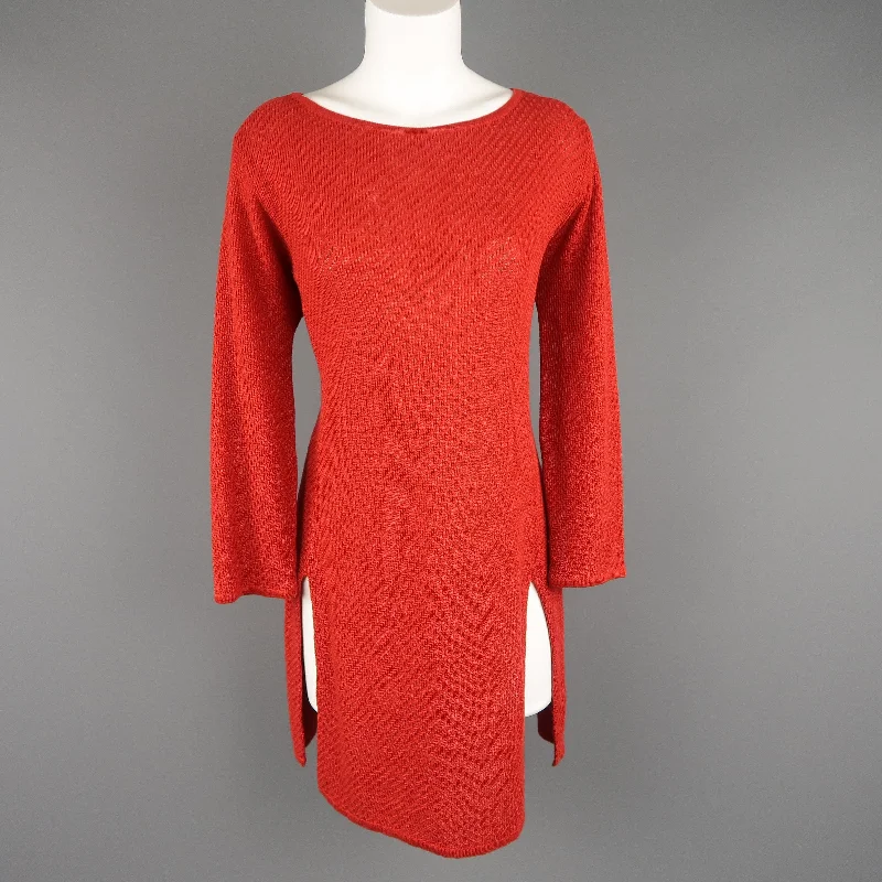 RALPH LAUREN Size L Red Linen Knit Boat Neck Slit Hem Tunic Pullover Elbow Length Sleeve
