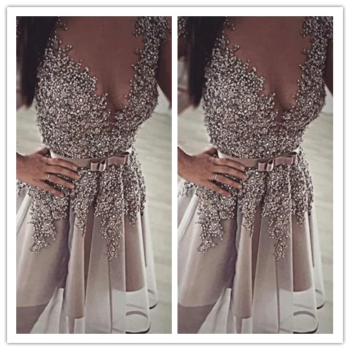 Backless Short Grey Sequined Prom Dresses