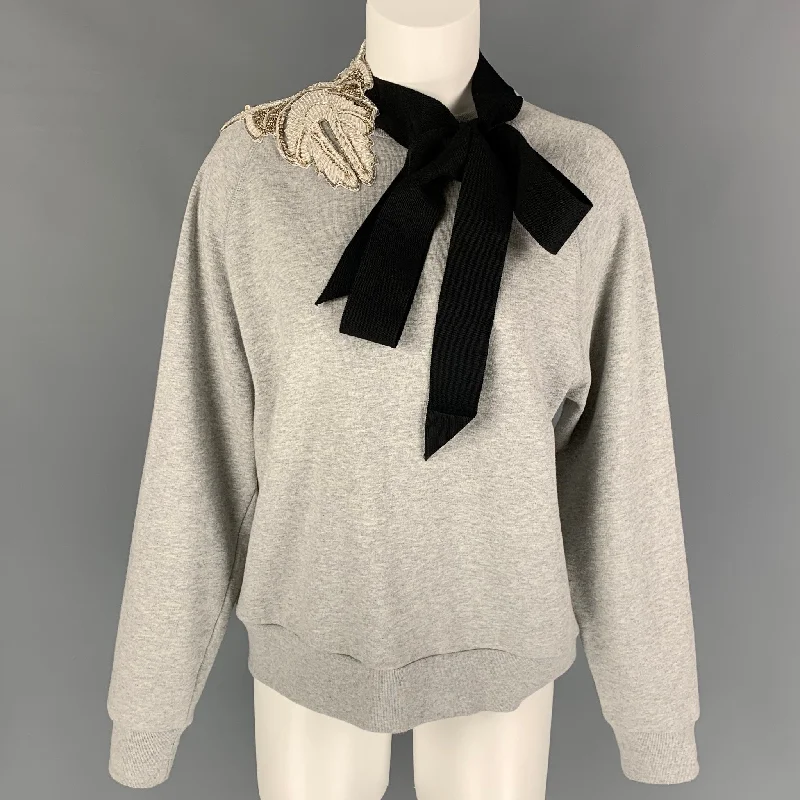 DRIES VAN NOTEN Size XS Grey Black Cotton Beaded Black Ribbon Pullover Shirred Sleeve Feminine