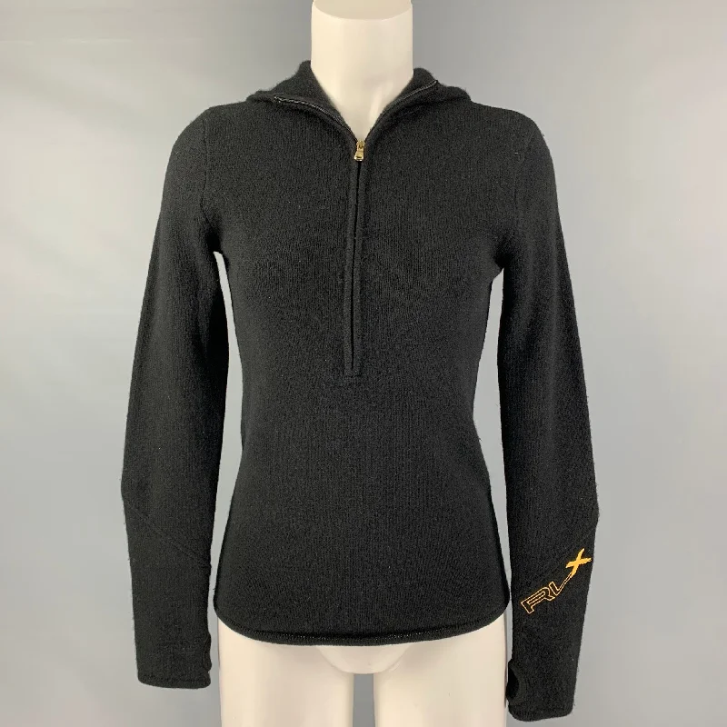 RLX by RALPH LAUREN Size S Black Cashmere Knitted 1/4 Zip Pullover Short Puff Sleeve