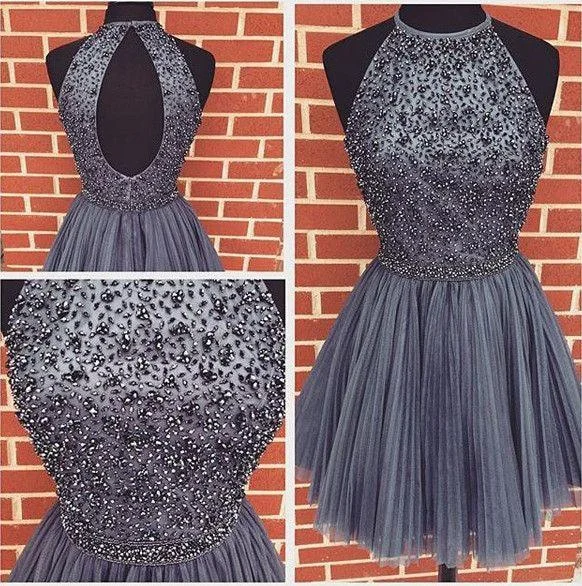 Hot Sales Grey Cute High Neck Ruffles Short Homecoming Dresses Prom Dresses