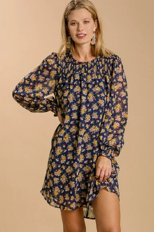 Umgee Metallic Floral Print Dress in Navy- FINAL SALE