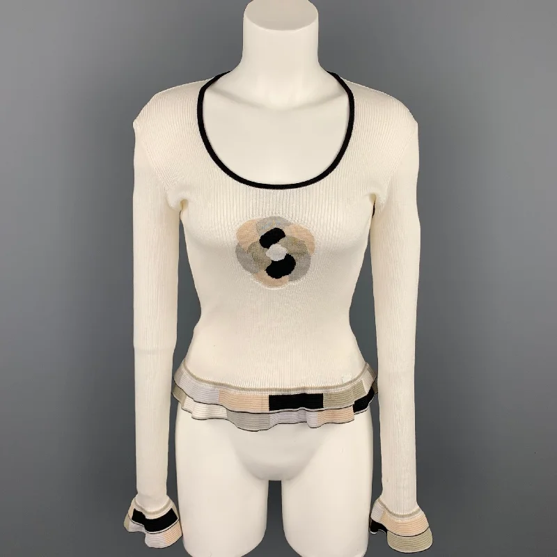 CHANEL Size 6 White & Black Ribbed Cotton Peplum Pullover Blouson Sleeve Pullover
