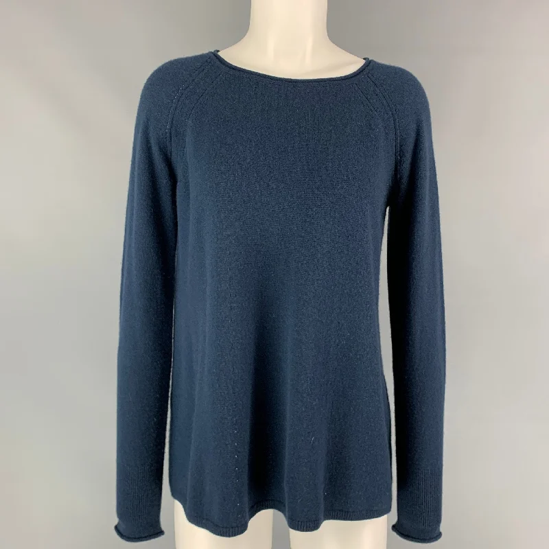 LORO PIANA Size 6 Navy Cashmere Crew-Neck A-line Pullover Crew Neck Wool