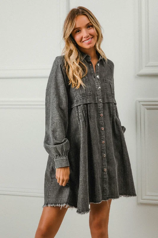 BiBi Denim Mineral Washed Button Down Dress in Ash