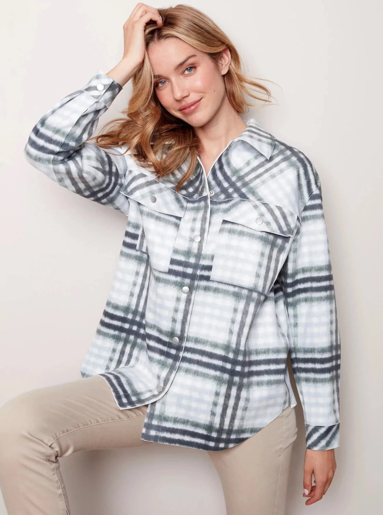 Plaid Scuba Shirt Jacket [Pine-C6217] Appliqued Jacket Beaded Jacket Sequined Jacket