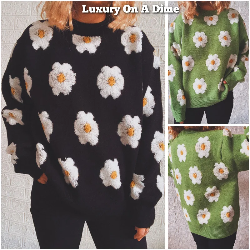 Contrasting Raised Retro Daisy Flower Pullover Long Sleeve Knit Sweater Shirt Leg Sleeve Comfort