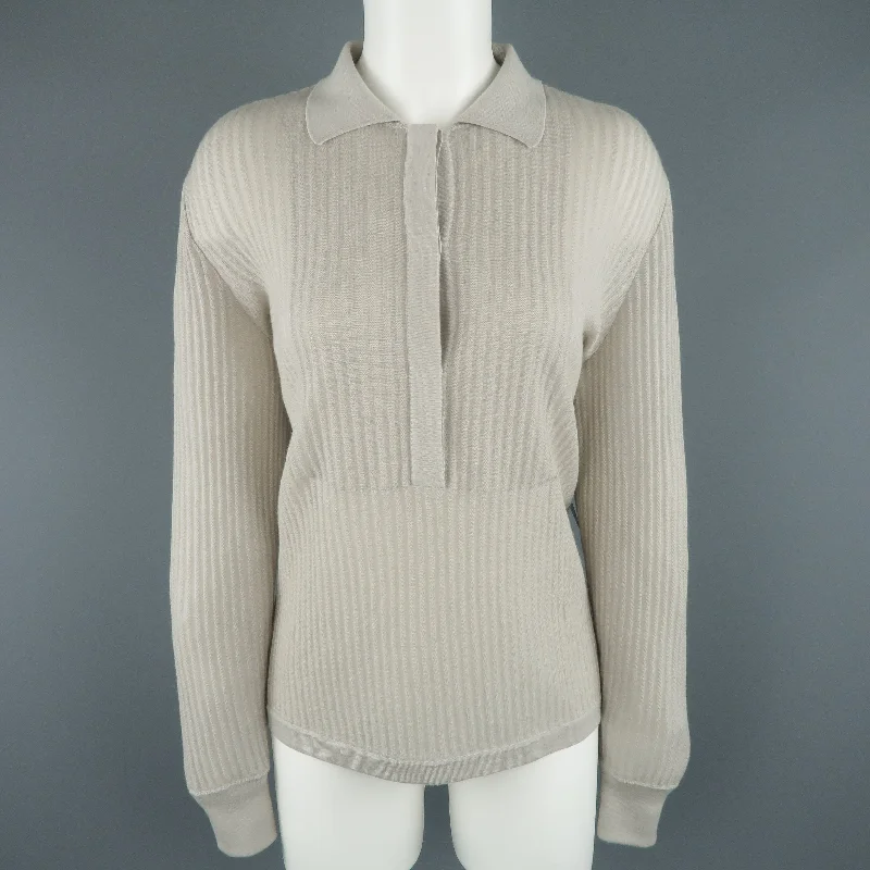 GIORGIO ARMANI Size 10 Light Gray Ribbed Cashmere Collared Pullover Flutter Sleeve Feminine