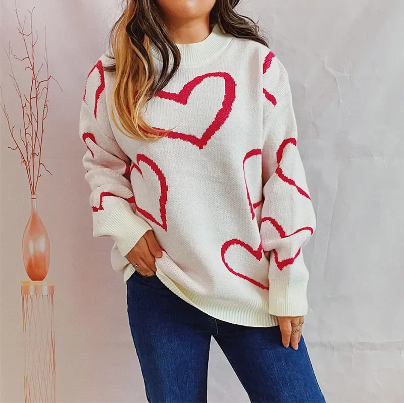 Winter Fashion Romantice Valentine Round Neck Heart Color Contrast Loose Jacquard Pullover Knitted Sweater One Shoulder Top