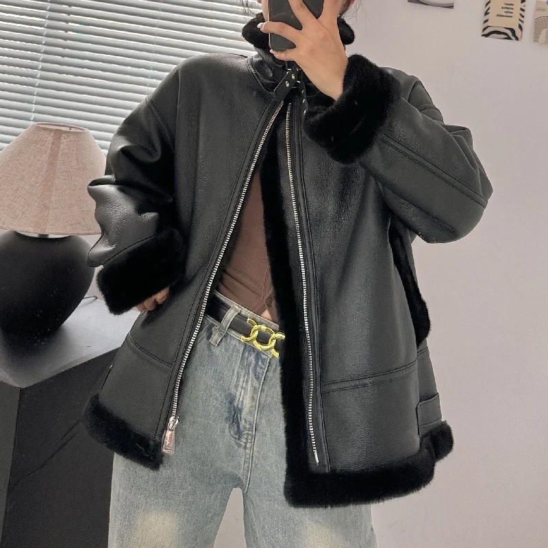 Vintage Stand Collar Leather with Fur Warm Jacket Coats Toggled Jacket Drawstring Jacket Belted Jacket Vintage Stand Collar Leather with Fur Warm Jacket Coats Toggled Jacket Drawstring Jacket Belted Jacket