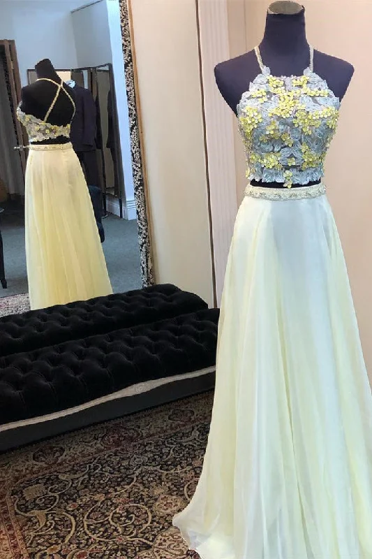 Two Piece Halter Floral Long Prom Dress with Crop Top Print Jacquard Patchwork