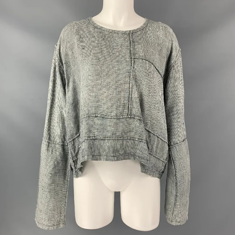 CYNTHIA ASHBY Size S Blue & White Linen Oversized Casual Pullover Top Notched Neck Pullover