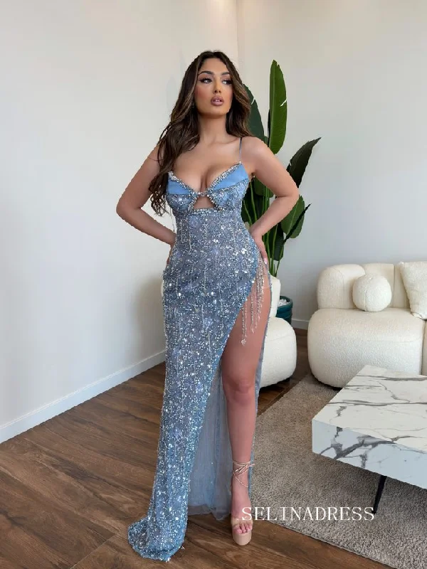 Chic Elegant Spaghetti Straps Beaded Long Prom Dresses High Split Evening Dress sew0312