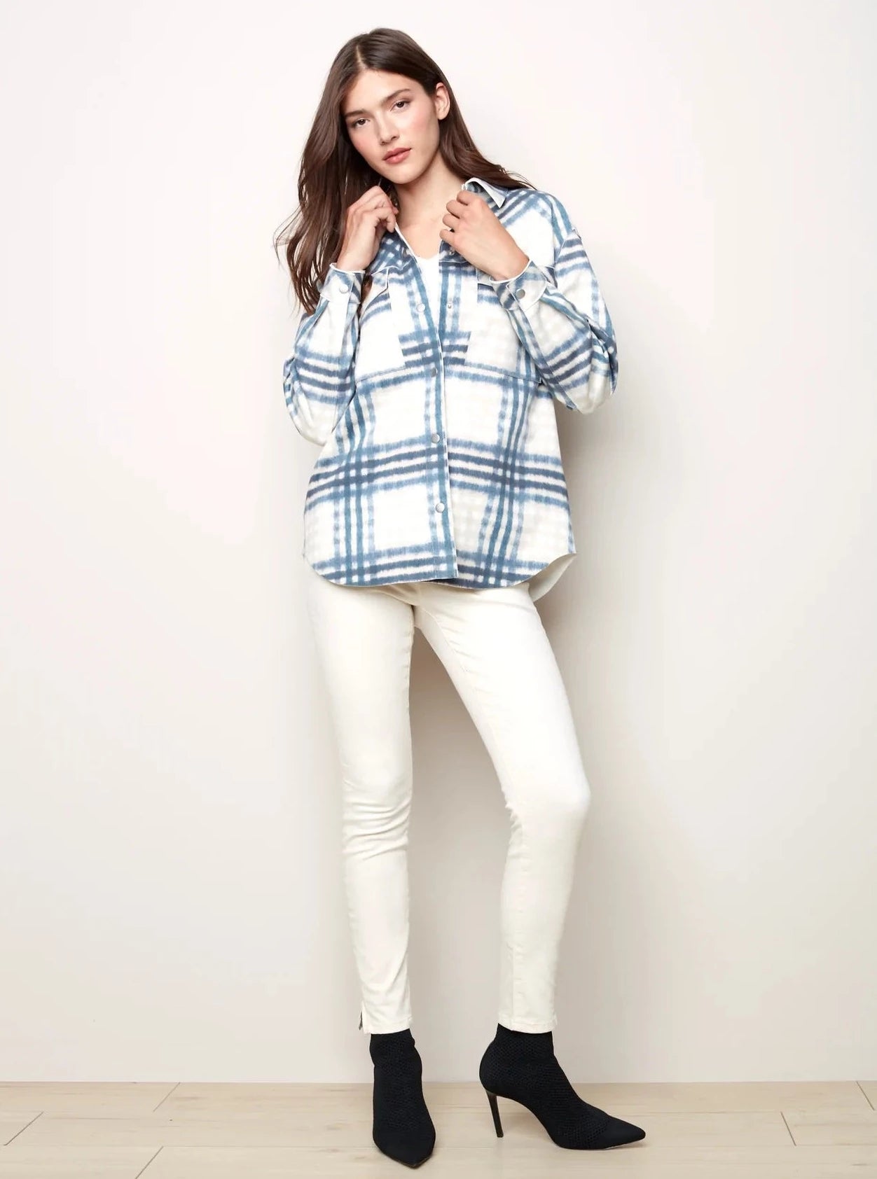 Plaid Scuba Shirt Jacket [Denim-C6217] Ribbed Jacket Pleated Jacket Ruffled Jacket