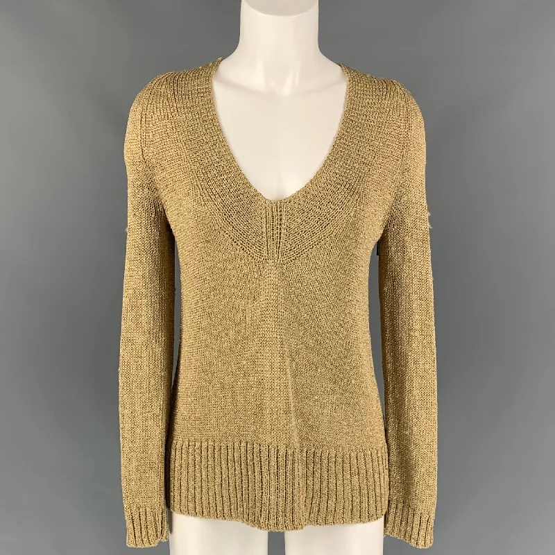 DIANE VON FURSTENBERG Size S Gold Acetate Blend Knitted Pullover Asymmetrical Hem Sweater