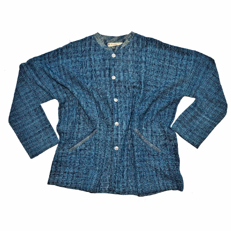 Hmong Batik Jacket - Indigo Blue & Dark Blue with Blue Batik Trim A-Line Jacket Boat Neck Shawl Collar Hmong Batik Jacket - Indigo Blue & Dark Blue with Blue Batik Trim A-Line Jacket Boat Neck Shawl Collar