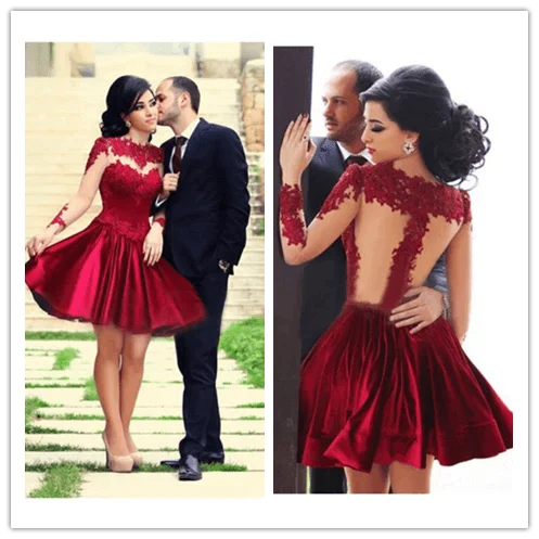 Appliques Red A-line High Neck Cocktail Dresses Prom Dresses