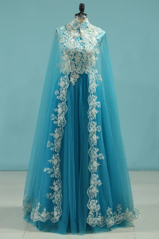 Muslin Prom Dresses With Cape A-Line Spaghetti Straps Tulle With Gold Applique Floor-Length
