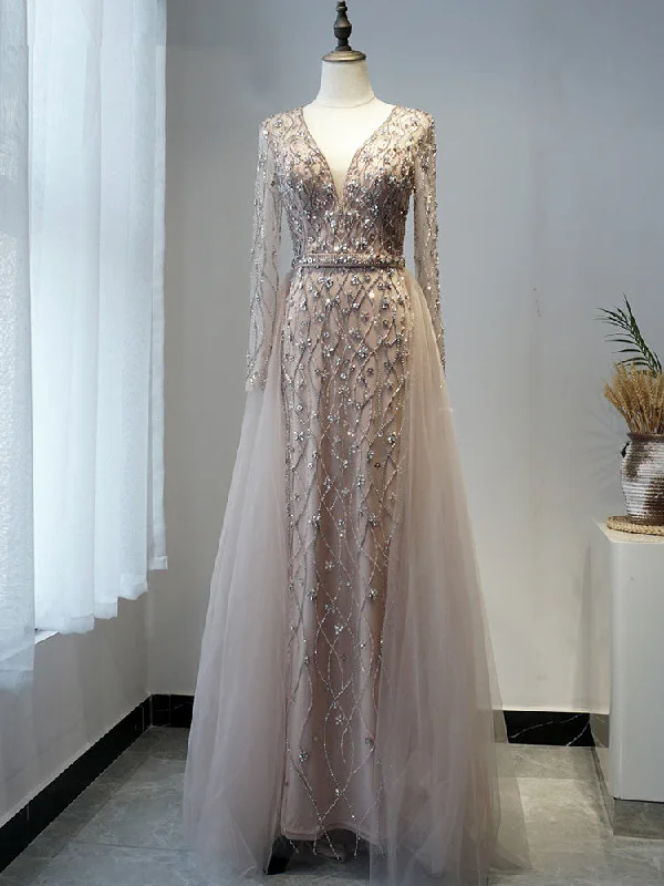 Luxury V neck Long Sleeve Prom Dress Elegant Evening Dress Formal Gown SC098