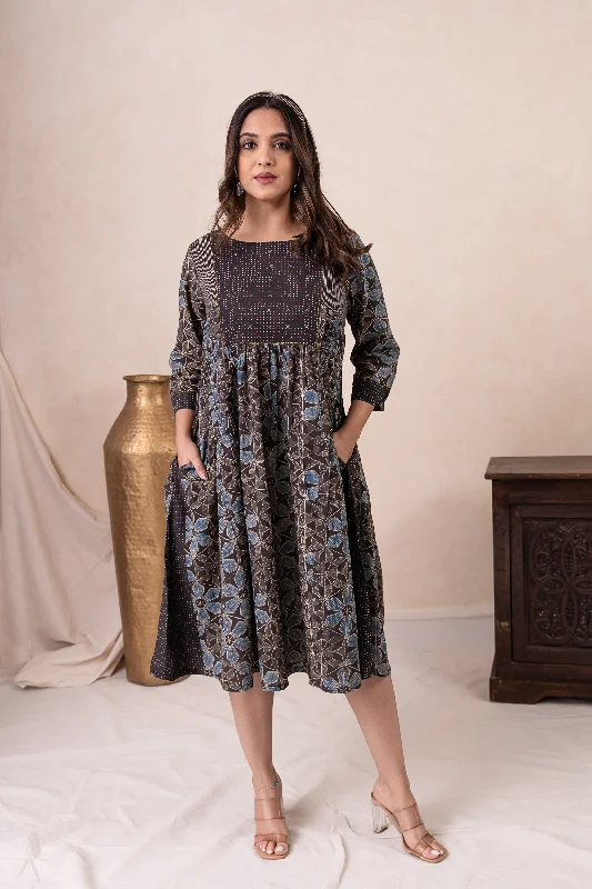 Aakruti Black Ajarakh Cotton Dress | Ray-ethnic