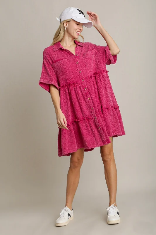 Umgee Mineral Wash Cotton Gauze Button Down Dress in Pink