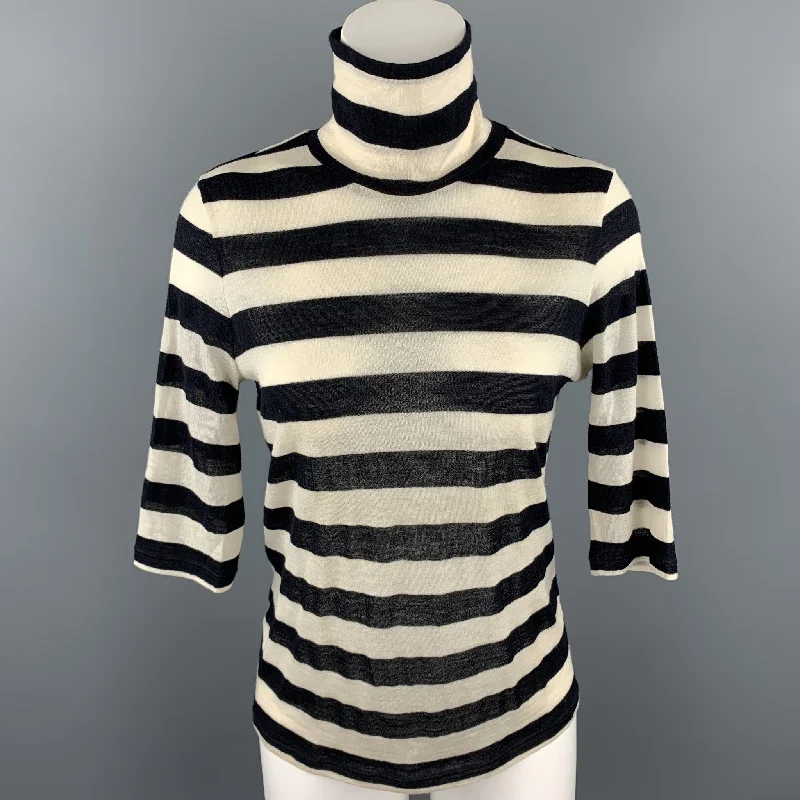 MAX MARA Size L Black & White Knitted Stripe Turtleneck Pullover Lantern Sleeve Elegant