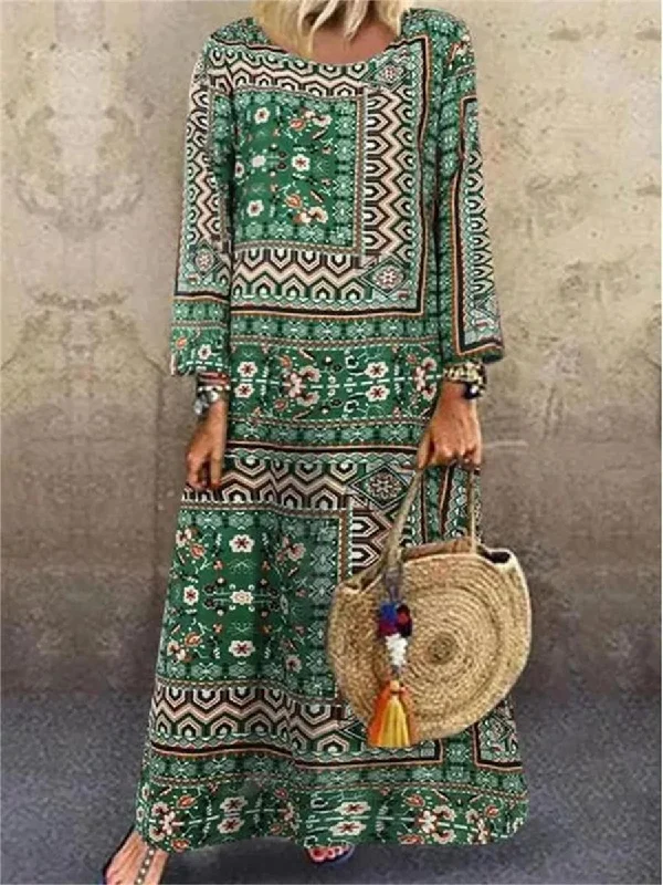 Retro Ethnic Print Women'S One-Piece Dress