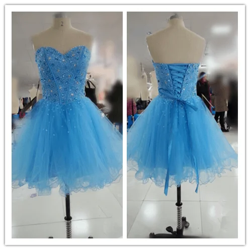 Silver Beading Blue Fitted Prom Dresses
