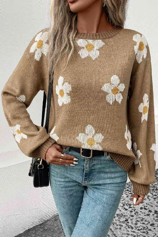 Daisy Flower Knit Minimalist Pullover Classic Long Sleeve Sweater Shirt Kimono Neck Pullover