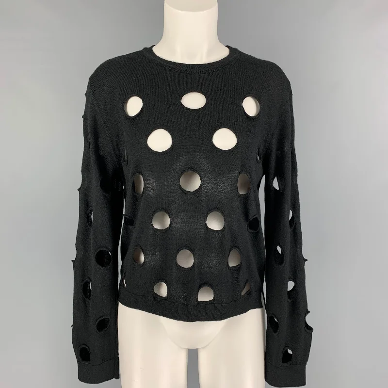 SIMONE ROCHA Size L Black Merino Wool Blend Cut Out Crew-Neck Pullover Open Front Cardigan