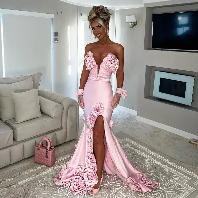 Satin Evening Dresses Pink Deep V Neck Side Slit Mermaid Sexy Evening Gowns for Women 3D Flowers Backless Lace Up Prom Dress Satin Evening Dresses Pink Deep V Neck Side Slit Mermaid Sexy Evening Gowns for Women 3D Flowers Backless Lace Up Prom Dress