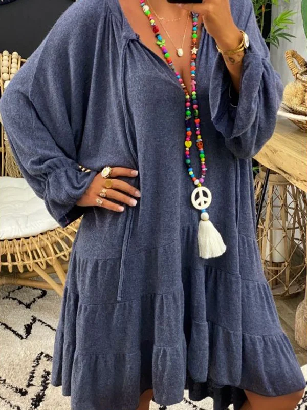 Loose V-Neck Oversize Pure Color Casual Dress
