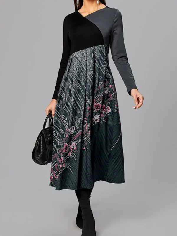 Fashion Casual Floral Print V-neck Long Sleeve Stitching Dress