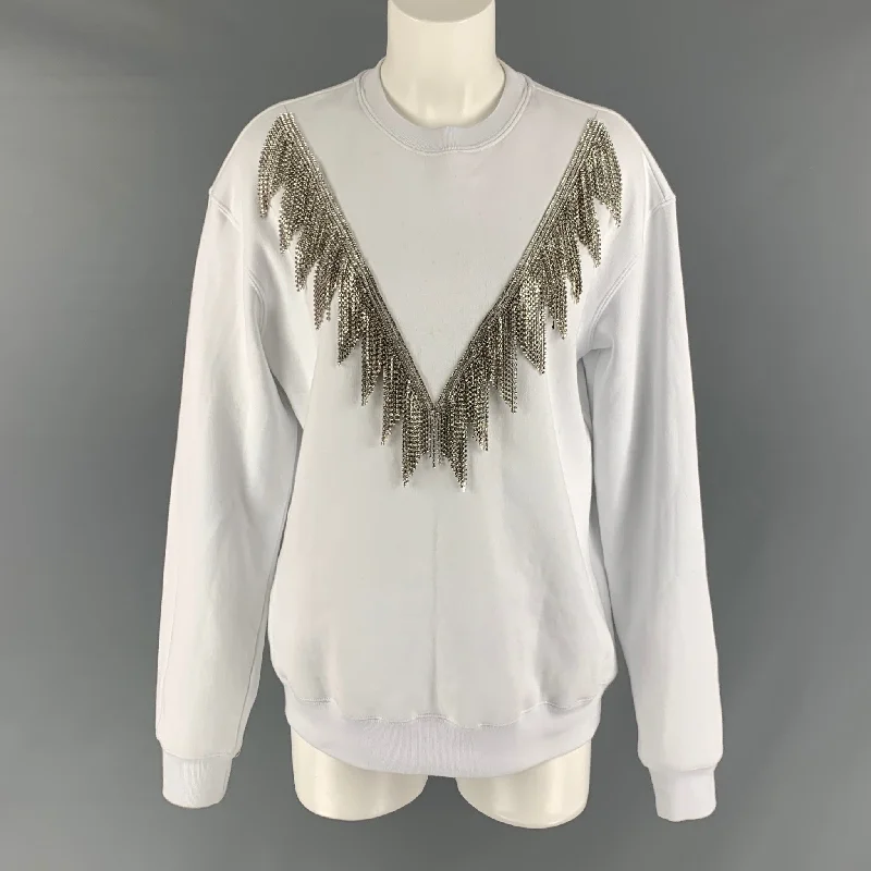 MSGM Size XS White Cotton Rhinestones Crew-Neck Pullover Cable Knit Chunky