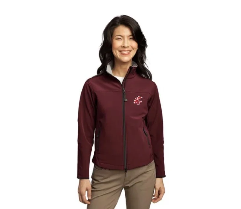 Ladies Glacier Soft Shell Jacket Embroidered Coug Logo Stand-Up Collar Roll-Neck Collar Turtle Neck Ladies Glacier Soft Shell Jacket Embroidered Coug Logo Stand-Up Collar Roll-Neck Collar Turtle Neck