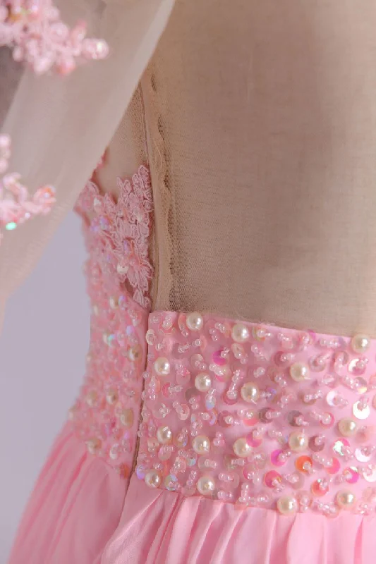 Mid-Length Sleeve A-Line Scoop Chiffon Prom Dresses Floor-Length With Applique & Bow-Knot