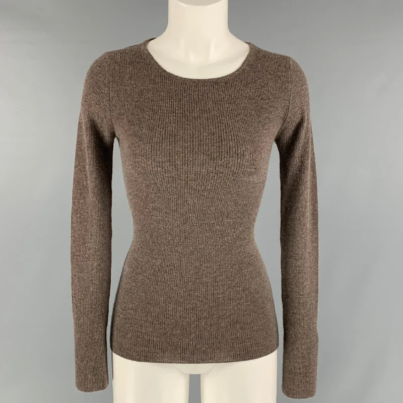 PLY CASHMERE Size S Brown Cashmere Ribbed Long Sleeve Pullover Sabrina Neck Pullover