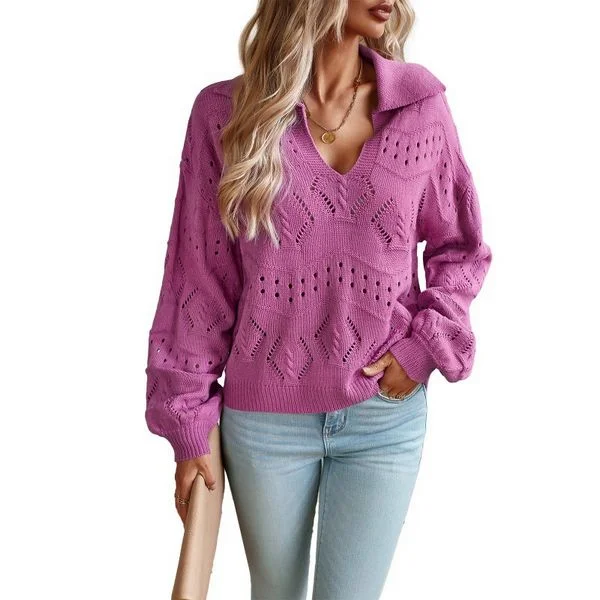 European women style Casual Polo neck Knitting Pullovers Ruffle Sleeve Feminine