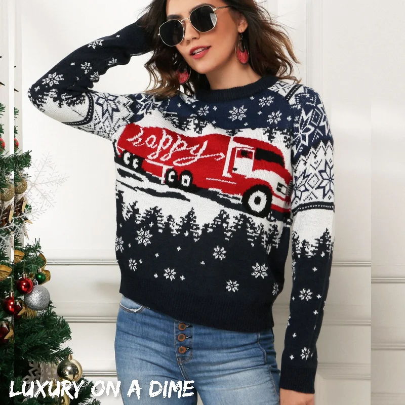 HAPPY Semi Truck Knit Fair Isle Geometric Snowflake Classic Pullover Winter Sweater Oversized Cozy Pullover
