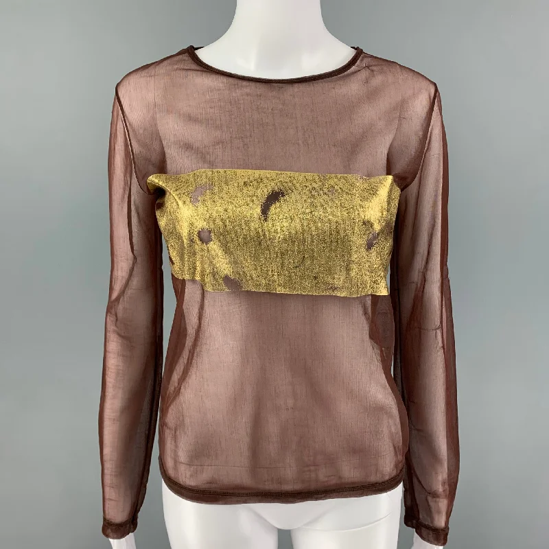 JOSEPH Size L Brown Gold Polyamide See Through Pullover Deep Neck Pullover