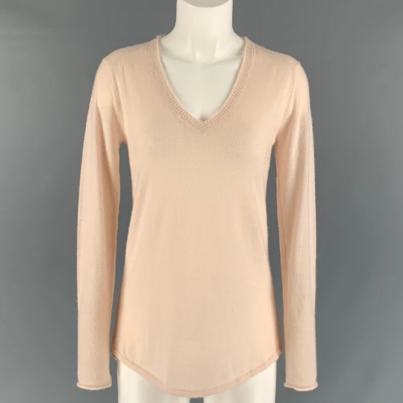 ATM Size S Dust Pink Cashmere Solid V-Neck Pullover Ruffle Neck Pullover