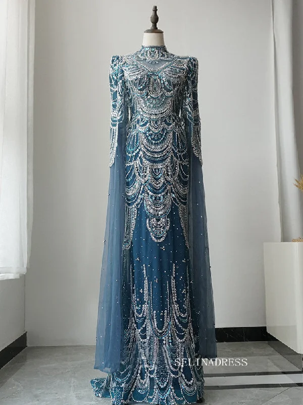 Gorgeous High Neck Long Sleeve Luxury Long Prom Dress Blue Beaded Evening Dress Formal Gown FUE018 Gorgeous High Neck Long Sleeve Luxury Long Prom Dress Blue Beaded Evening Dress Formal Gown FUE018