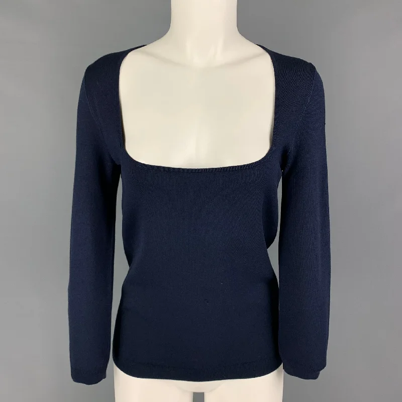 RALPH LAUREN Black Label Size M Navy Silk Blend Long Sleeve Pullover One Shoulder Top